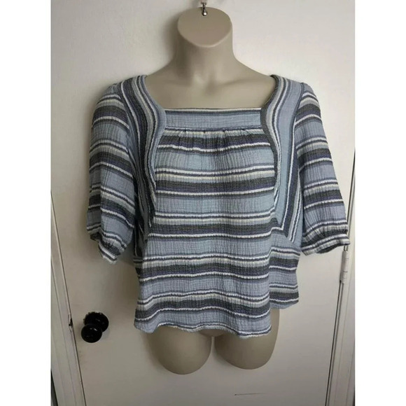 Cotton Women Blue 3/4 Sleeve Blouse cottagecore beachy Size Large #0594 - Picture 1 of 5